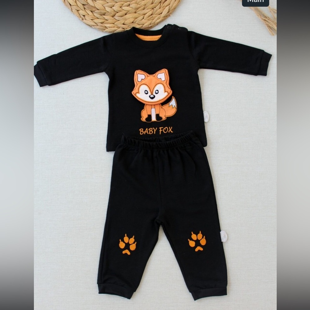 Adorable and Comfy: Black 2 Pcs Set Baby Set with 3D Fox Pattern